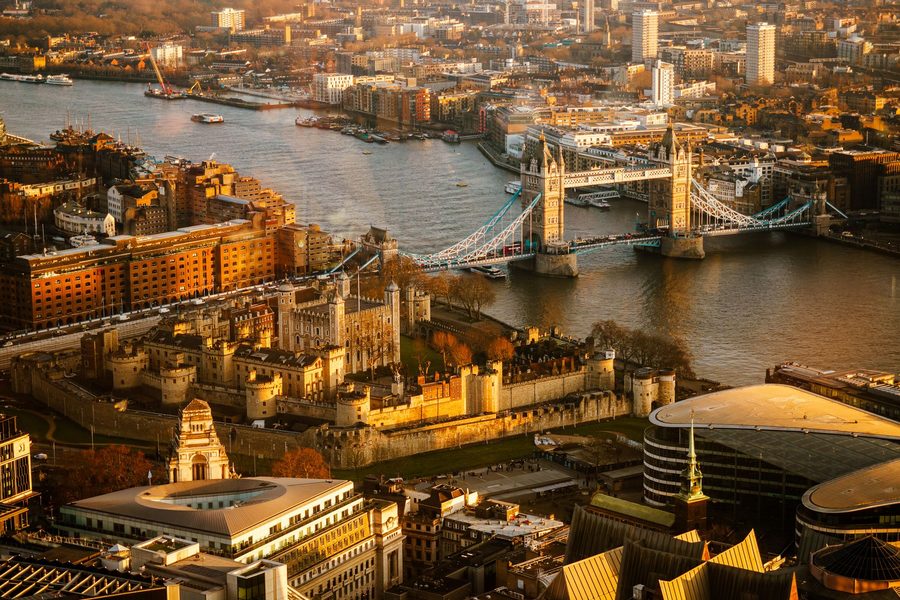 Aerial view of Tower Bridge over the River Thames at sunset in London