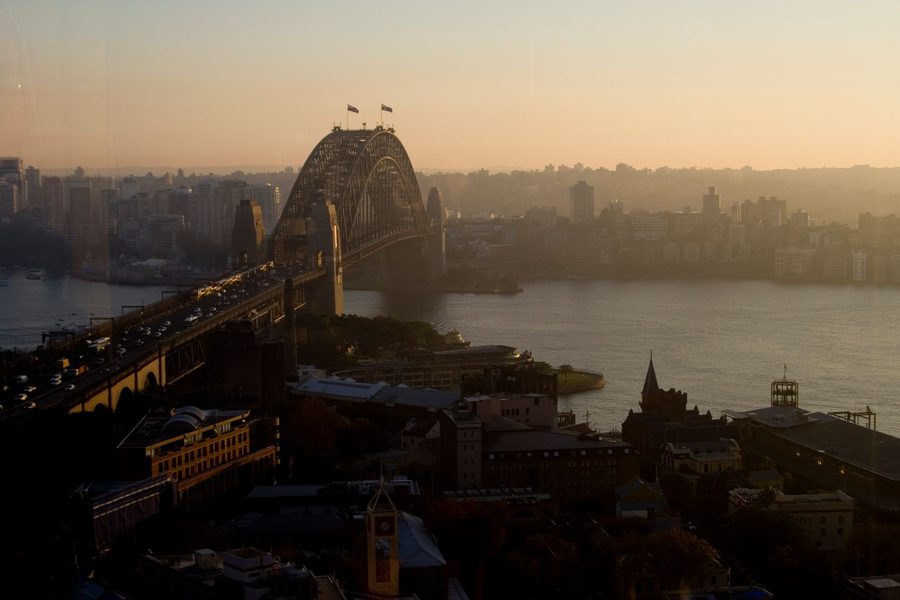 Sydney Harbour Bridge at sunset over Sydney Harbour