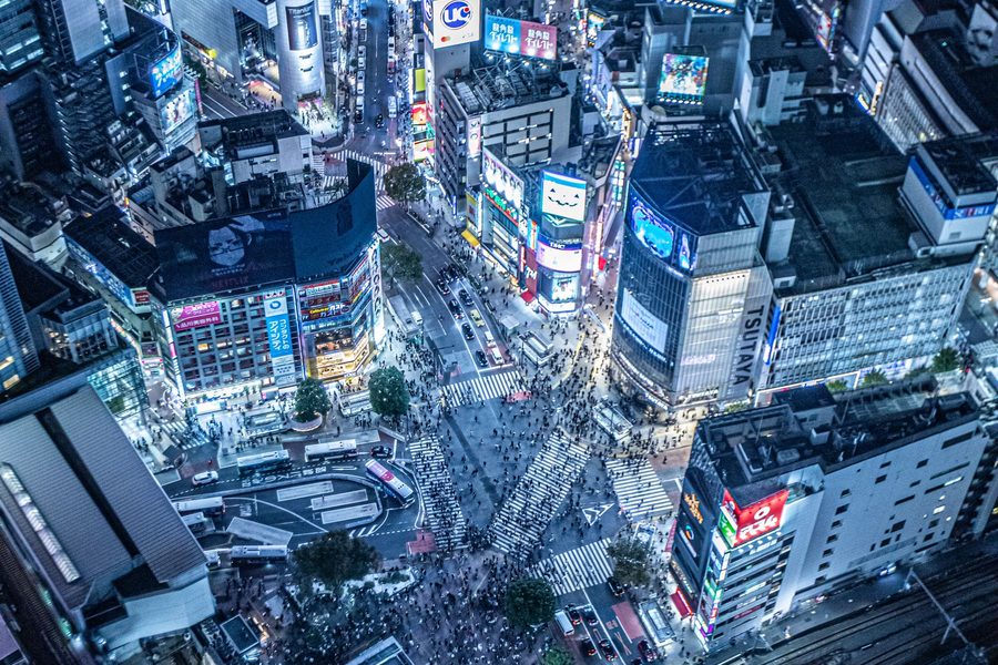 Aerial view of Shibuya Crossing in Tokyo at night
